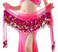 FBANULPEX Chiffon Belly Dance Hip Scarf with Coins | Multicolor Belly Dance: Bling Coin Hip Scarf(Rose)