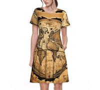 Fbghhty Ancient Map World Globe Print Versatile Daily Wear Women Dresses Casual Summer Dress with Short Sleeves Crewneck Black