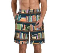 FBGHHTY Cartoon Bookshelf Bookworm Print Stylish Men Beach Shorts Quick-Dry Breathable Holiday Swim Trunks Outdoor Occasion White