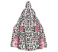 FBGHHTY Cute Pink Rose Mix Leopard Pattern Print Halloween Hooded Cloak Full Length Adult Unisex Carnival Cloaks With For Cosplay
