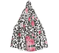 Fbghhty Cute Pink Rose Mix Leopard Pattern Print Hooded Cloak Medieval Halloween Costume Adult Men Women Carnival Parties Cosplay