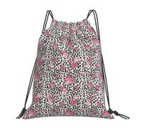 FBGHHTY Cute Pink Rose Mix Leopard Pattern Print Lightweight Foldable Drawstring Backpack Gym Bag Travel Yoga Outdoor Activities