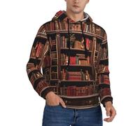 FBGHHTY Library Bookshelf Print Mens Hooded Sweatshirts Casual Wear Warm Soft Pullover For Autumn Winter Spring Black