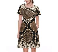 Fbghhty Serpentine Pattern Print Versatile Daily Wear Women Dresses Casual Summer Dress with Short Sleeves Crewneck Black
