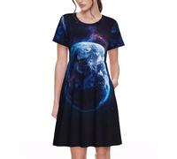 Fbghhty Universe Planet Print Versatile Daily Wear Women Dresses Casual Summer Dress with Short Sleeves Crewneck Black