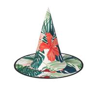 FBGHHTY Vegetation Leaves With Hibiscus Flowers Print Unisex Halloween Witch Hat Foldable For Carnivals Masquerades And Cosplay Events