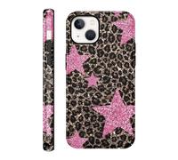 FBHGLOA Case for iPhone 13/iPhone 14 6.1'' Pink Glitter Stars Leopard Phone Case, Girly Aesthetic Cheetah Y2K Star Design for Woman Girls Fall Prevention Glossy Hybrid 2-Layer Hard Shell Phone Cover