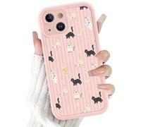 FBHGLOA for iPhone 13 6.1'' Pink Striped Cat Phone Case, Cute Girly Bow Stars Paw Pattern Design Cartoon Case Shockproof Soft Slim TPU Full Camera Lens Protective Cover for Women Girls