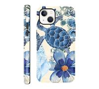 FBHGLOA for iPhone 13/iPhone 14 6.1'' Cool Blue Turtle Flower Phone Case, Reto Floral Tortoise Shell Seashell Aesthetic Ocean Theme Case Shockproof TPU and Hard PC Protective Cover for Woman Girls