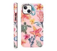 FBHGLOA for iPhone 13/iPhone 14 6.1'' Pink Flower Ocean Summer Phone Case, Trendy Coastal Turtle Tortoise Shell Beach Floral Case for Woman Girls Hybrid 2-Layer Hard Shell Girly Protective Cover