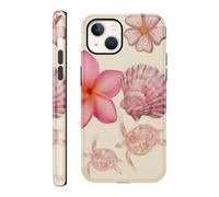 FBHGLOA for iPhone 13/iPhone 14 6.1'' Tropical Turtle & Seashell Flower Phone Case, Pink Floral Tortoise Shell Beach Ocean Design Summer Case Shockproof Dual-Layer Protective Cover for Woman Girls