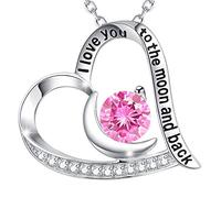 FBHSY Birthday Gifts for Her I Love You to the Moon and Back Necklace 925 Sterling Silver September October Birthstones Jewelry Heart Pendant Blue Sapphire Pink Tourmaline Necklace for Wife Mother