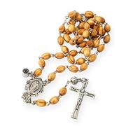FBHSY Catholic Olive Wood Rosary Necklace Metal Rose Beads Jerusalem Holy Soil Medal & Cross Crucifix
