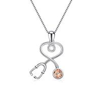 FBHSY Sterling Silver Stethoscope Necklace Doctor Nurse Medical Jewelry with Simulated Birthstone Crystal from Austria, Medical Student RN Registered Nurse Gifts for Women