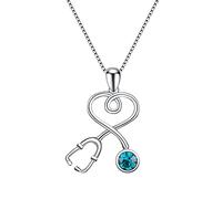 FBHSY Sterling Silver Stethoscope Necklace Doctor Nurse Medical Jewelry with Simulated Birthstone Crystal from Austria, Medical Student RN Registered Nurse Gifts for Women