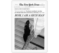 FBKDVC Trendy Black And White Newspaper Canvas Wall Art Poster Mom I Am A Rich Man Funky Girl Aesthetic Preppy Print News Girly Retro Wall Decor For Bar Cart Girls Dorm 16x24in Unframed