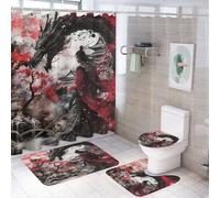FBMLBRB 4 Pcs Rustic Japanese Samurai Dragon Shower Curtains Set,Abstract Japanese Ink Painting Ancient Architecture Cherry Blossom Flo Bathroom Set Waterproof Toilet Cover Shower Mat Rugs