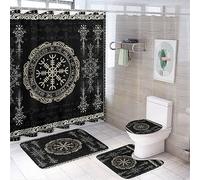 FBMLBRB Brebasf Norse Vikings Print 4 Pcs Shower Curtain Bathroom Set Black Viking Magical Retro Compass Norse Mystical Symbol Shower Mat Shower Curtain with Rug 12 Hooks,72"W x 72"L
