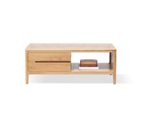 FBNMG Rustic 2-Tier Solid Wood Coffee Table, Durable Oak Living Room Center Table, Tea Table with 3 Drawers and Storage Compartments for Office Reception(Width 43.3in(110cm), Oak-Primary)
