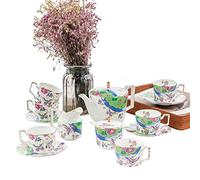 FBSHAD 15 Piece Painted Printing Flower Bone China Porcelain Coffee Tea Set with 6 Cup 6 Saucer 1 Sugar Bowl 1 Coffee Pot 1 Milk Pot