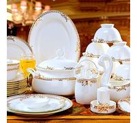 FBSHAD 50 Pieces Bone China Dinnerware Set, Kitchen Porcelain Home Round White Plates Dishes Bowls Soup Pot, for 12