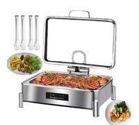 FBSHAD Electric Chafing Dish Stainless Steel Buffet Heater, 9L Large Capacity Food Warming Pot with Temperature Control Panel for Keep Dishes Warm, 30-90°C Adjustment (with 4 Food Clip), Grid