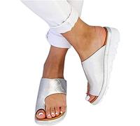 FBSHAD Orthopedic Bunion Corrector Sandals Women's Solid Color Toe Casual Sandals Comfy Platform Flat Sole PU Leather Shoes,Silver,US4.5/EU35