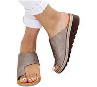 FBSHAD Orthopedic Bunion Corrector Sandals Women's Solid Color Toe Casual Sandals Comfy Platform Flat Sole PU Leather Shoes,Brown,US7/EU38