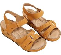 FBSHAD Sandals for Women Wedge Summer Ladies Leather Sandal Open Toe Platform Shoes Wedge Sandals for Women Ankle Strap Low Wedge Sandals Platform Shoes,Brown,US4.5/EU35