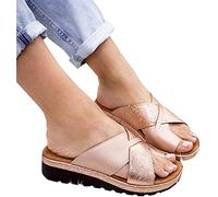 FBSHAD Summer Women's Orthopedic Correction Leather Ring Toe Casual Bunion Slippers Flat Shoes Casual Beach Sandals Flat Heel Flip Flops,Gold,US4.5/EU35