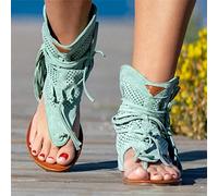 FBSHAD Womens Gladiator Fringe Thong Flat Sandals Vintage Toe Ankle Boots T-Strap Sandals with Zipper Retro Gladiator Fringe Casual Sandals,Green,US7/EU38