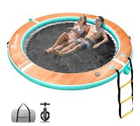 FBSPORT Inflatable Water Hammock Round Floating Ring, 8ft Inflatable Dock Floating Platform for Lake W/Cupholder, Sun Float Chill Raft Float Ring Tanning Pool Lounger Island Platform Pad, Wood Grain