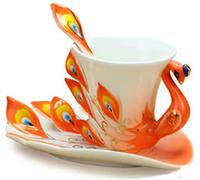 FBWSM Porcelain cup creative gift, handmade enamel exquisite peacock tea coffee cup set with saucer and spoon-blue-Orange
