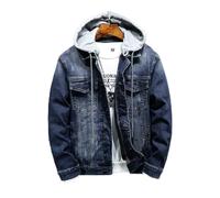 FBYDLL Men'S Lined Denim Jacket - Hooded Quilting Winter Sherpa Western Cowboy Coat, Multi-Pocket Tooling Thicken Trucker Jeans Outwear, Button Down Long Sleeve Plus Size,Blue,Xl