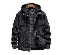 FBYDLL Men'S Lined Denim Jacket - Hooded Quilting Winter Sherpa Western Cowboy Coat, Multi-Pocket Tooling Thicken Trucker Jeans Outwear, Button Down Long Sleeve Plus Size,Black,L