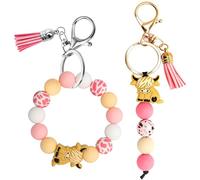 FcaecY 2 Pcs Highland Cow Keyring Set, Cute Highland Cow Gifts, Silicone Animal Keychain with Tassel for Women and Men Gifts Car (Pink)