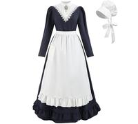 FCCAM Pioneer Prairie Dress Women Navy Blue Colonial Costume with Pocket 1800s American Historical Dress M