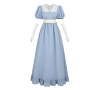 FCCAM Regency Dress Women's Vintage Maxi Dress with Puff Sleeves - Empire Style Summer Dress with Waist Belt & Chest Brooch - Cosplay Prom Dress with Gloves, Light Blue, XXL