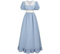 FCCAM Regency Dresses for Women Short Puff Sleeve Empire Waist Dress 1800s Victorian Dress Ball Gown with Satin Sash, Sky Blue, Large