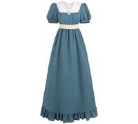 FCCAM Regency Dresses for Women Short Puff Sleeve Empire Waist Dress 1800s Victorian Dress Ball Gown with Satin Sash Blue XXL