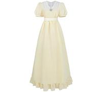 FCCAM Regency Dresses for Women Short Puff Sleeve Empire Waist Dress 1800s Victorian Dress Ball Gown with Satin Sash, Light Yellow, XX-Large