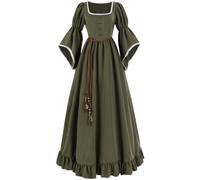 FCCAM Renaissance Dress Women Medieval Peasant Costume with Belt M | Green renaissance gown with vintage belt, perfect for Ren Faire, Halloween, retro parties, pastoral photography