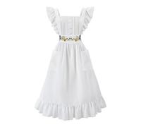 FCCAM Vintage Maid Ruffle Apron Women Colonial Pioneer Pinafore Floral Embroidery Kitchen Apron, White, Large
