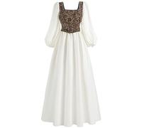 FCCAM White Renaissance Costume Women Seven-minute Sleeve Peasant Cottagecore Victorian Dress with Corset L