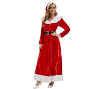 FCCAM Women's Christmas Woman Costume - Long Sleeve Velvet Dress with Sailor Collar & Belt, Red/White | Mrs Claus Costume | Christmas Outfit Including Hat S