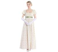 FCCAM Women's Regency Jane Austen Long Vintage Dress, Victorian Ball Gown with Gloves, Empire Waist Dress, Beige 1023, XXL