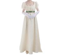 FCCAM Women's Regency Jane Austen Long Vintage Dress, Victorian Ball Gown with Gloves, Empire Waist Dress, beige, L