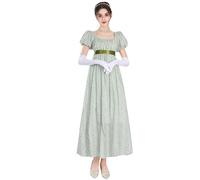 FCCAM Women's Regency Jane Austen Long Vintage Dress, Victorian Ball Gown with Gloves, Empire Waist Dress, Green Floral 1023, S