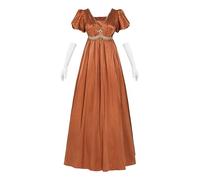 FCCAM Women's Regency Jane Austen Long Vintage Dresses, Victorian Ball Gown with Gloves, Empire Waist Dress, Orange Brown 1408, XXL