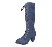 Fccrian Chunky Ankle Boots for Women Lace Up Winter Walking Shoes Blue